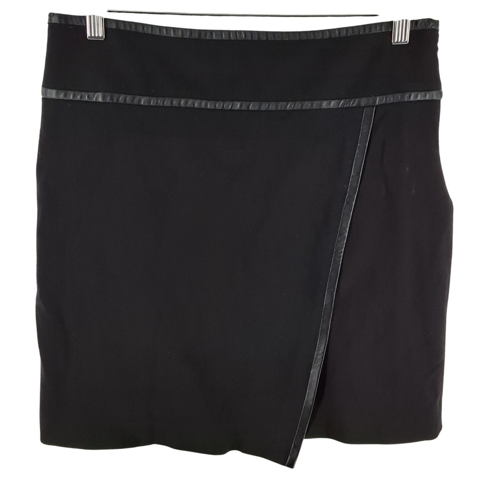 WHBM Black‎ Faux Leather Trim Wrap Mini Skirt Size 6 Ponte Stretch